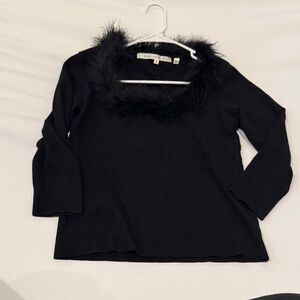 Max Studio Black Sweater with Faux Fur Trim
